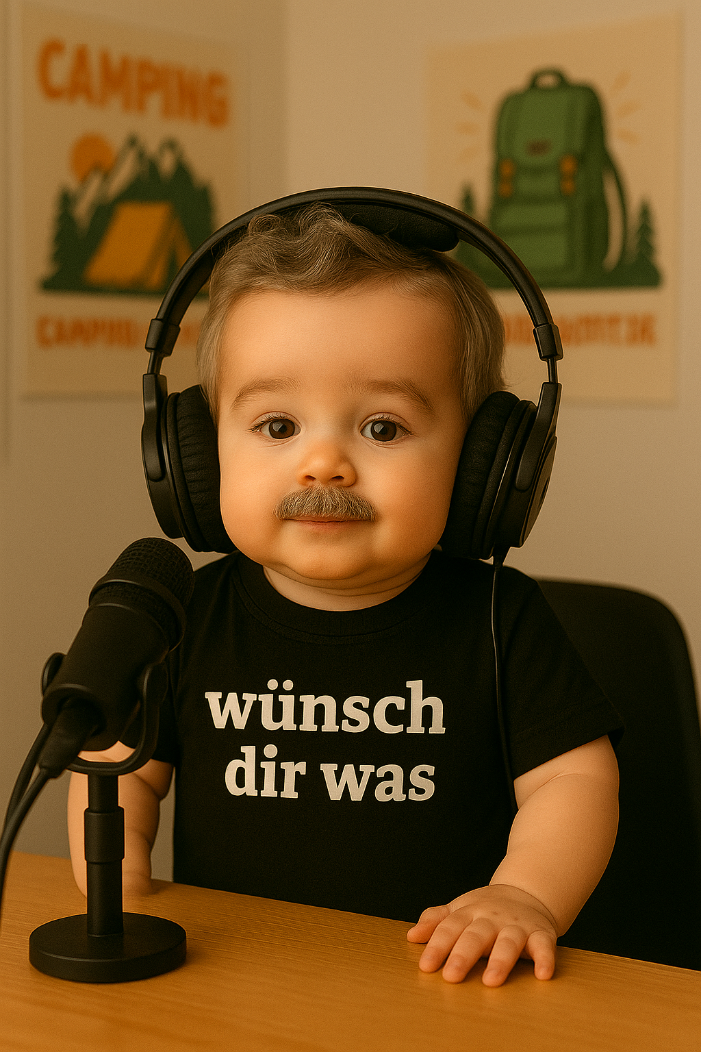 Junger Podcaster mit Camping-Postern(1)